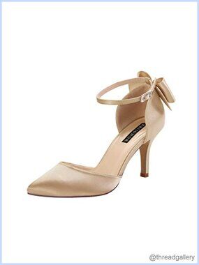 ERIJUNOR Satin Mid Heel Pumps Bow Ankle Strap Wide Width Wedding Party Shoes